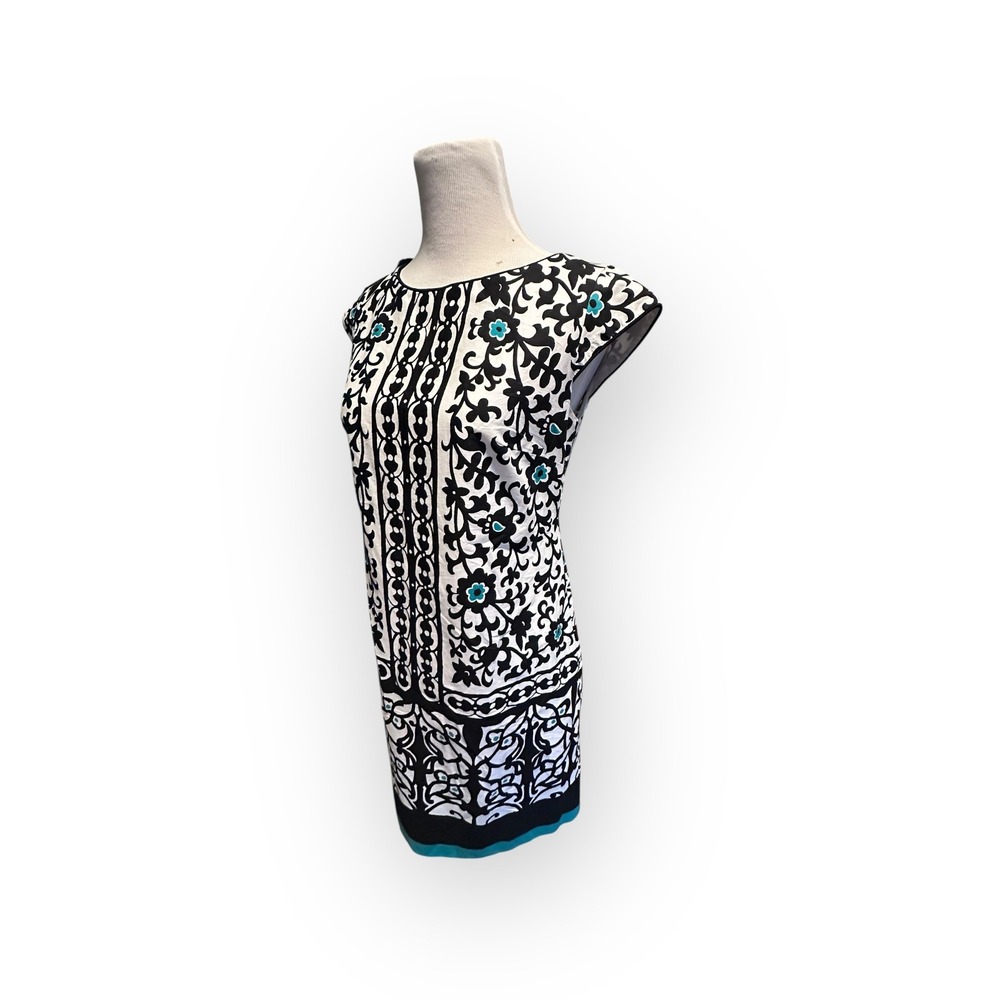 Liz Claiborne Sheath Dress Size 6 Black White Turquoise Scroll Border Print - Picture 7 of 16